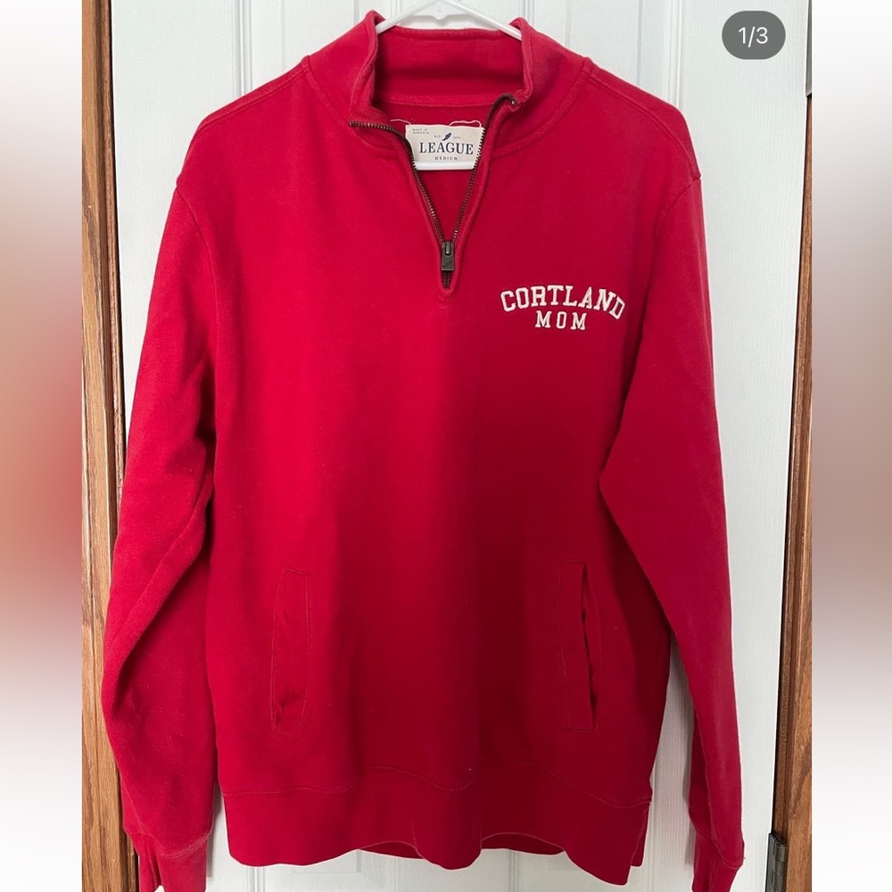 Red “Cortland Mom” Quarter Zip Sweatshirt with front pocket - Size Medium